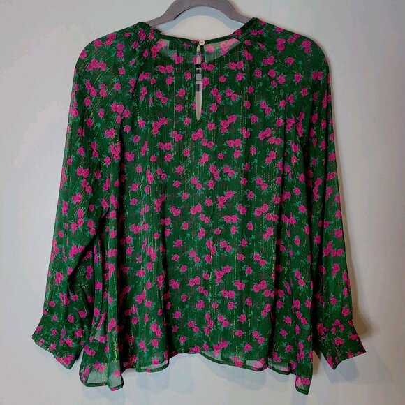 Modcloth Green Sheer Cottage Rose Floral Blouse Womens Size 2X Holiday Gold - Picture 7 of 7
